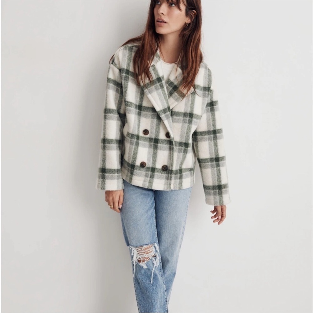 Madewell Jacquard Double-Breasted Crop Blazer Jacket in Plaid